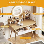 Coiffeuse élégante HYLEORY avec miroir éclairé réglable, pieds de table en bois massif, chêne blanc américain, MDF, taille compacte