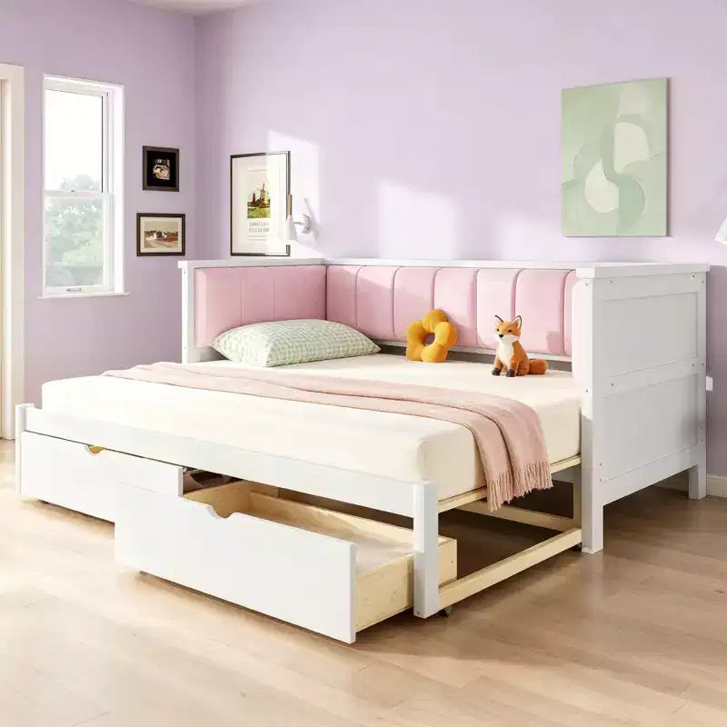 Lit de Repos Luxystar Twin XL à King Size avec 2 Tiroirs et Dossier Rembourré, Blanc+Rose