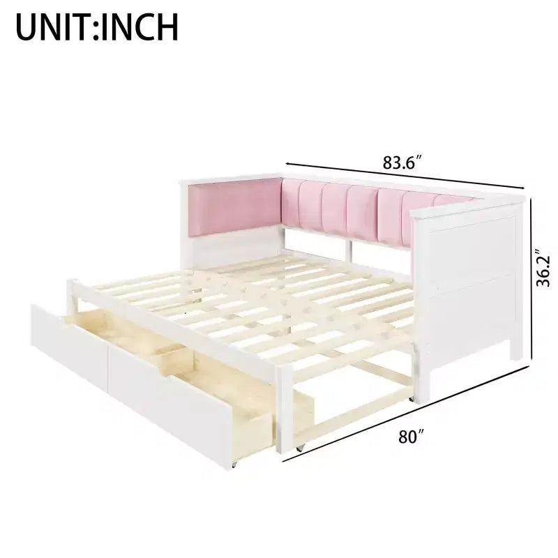 Lit de Repos Luxystar Twin XL à King Size avec 2 Tiroirs et Dossier Rembourré, Blanc+Rose