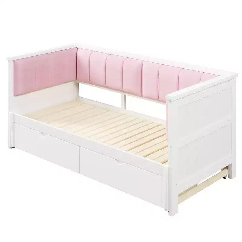 Lit de Repos Luxystar Twin XL à King Size avec 2 Tiroirs et Dossier Rembourré, Blanc+Rose