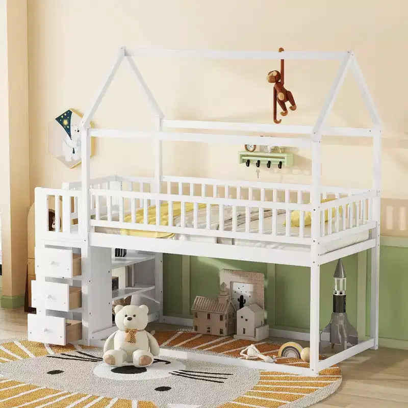 GDFStudio Salvador Lit Superposé en Bois Moderne avec Étagères et 3 Tiroirs