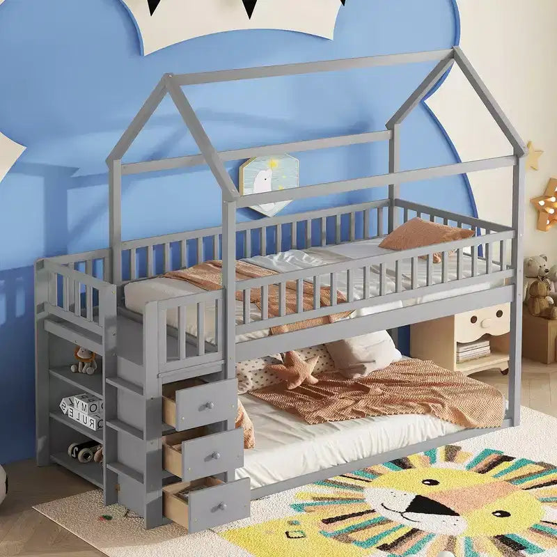 GDFStudio Salvador Lit Superposé en Bois Moderne avec Étagères et 3 Tiroirs