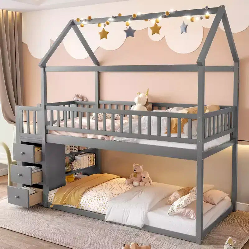 GDFStudio Salvador Lit Superposé en Bois Moderne avec Étagères et 3 Tiroirs