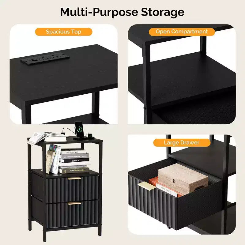 Table de chevet Karl Home de 38 cm de large - 2 tiroirs, 1 étagère, prise de courant américaine - lot de 2