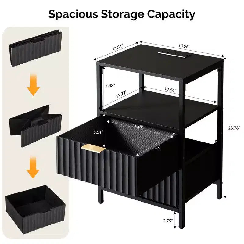 Table de chevet Karl Home de 38 cm de large - 2 tiroirs, 1 étagère, prise de courant américaine - lot de 2