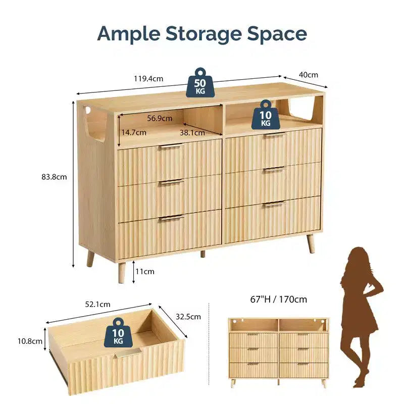 Commode Karl Home à 6 tiroirs avec panneau cannelé et éclairage LED RVB de 119 cm de large
