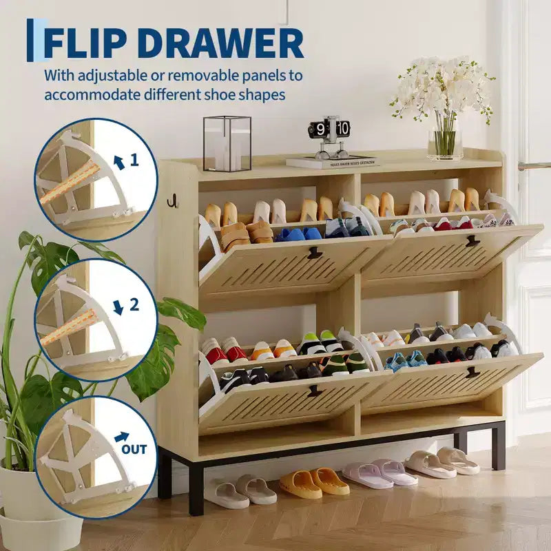 Meuble à chaussures 4 tiroirs basculants, meuble de rangement à chaussures fin et discret pour entrée et couloir