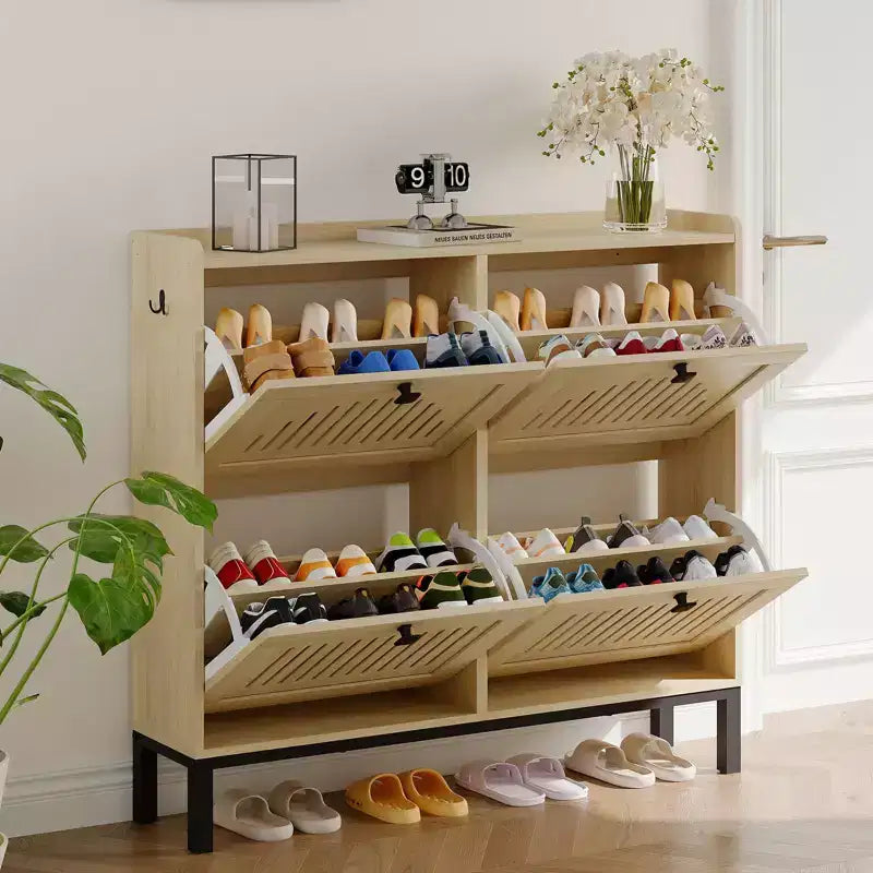 Meuble à chaussures 4 tiroirs basculants, meuble de rangement à chaussures fin et discret pour entrée et couloir