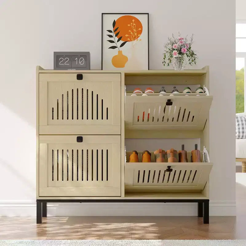 Meuble à chaussures 4 tiroirs basculants, meuble de rangement à chaussures fin et discret pour entrée et couloir