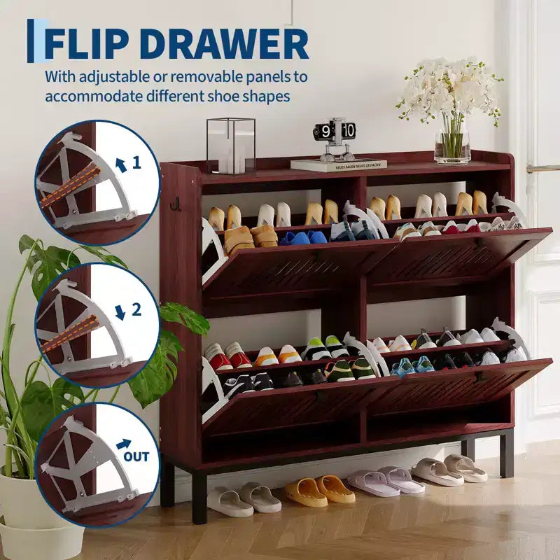 Meuble à chaussures 4 tiroirs basculants, meuble de rangement à chaussures fin et discret pour entrée et couloir