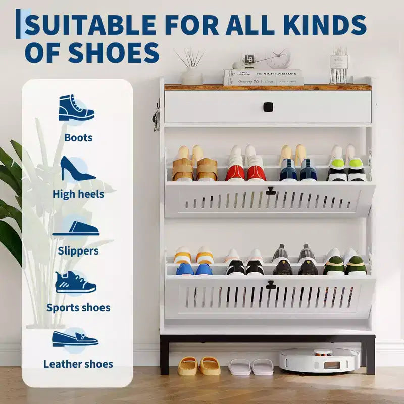 Meuble à chaussures 4 tiroirs basculants, meuble de rangement à chaussures fin et discret pour entrée et couloir