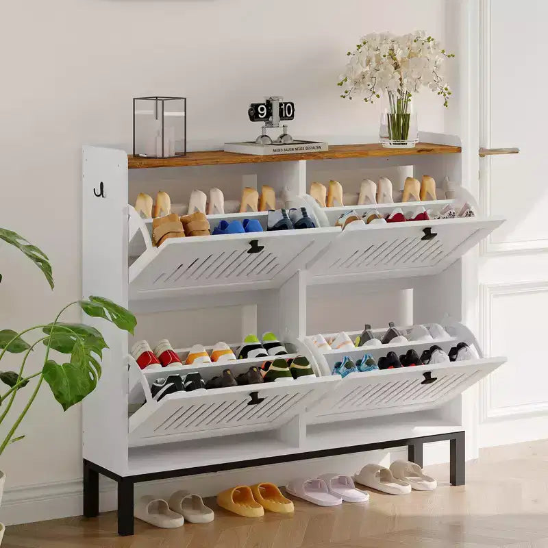 Meuble à chaussures 4 tiroirs basculants, meuble de rangement à chaussures fin et discret pour entrée et couloir