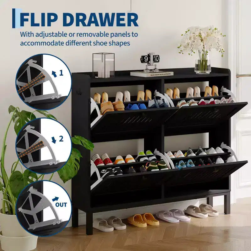 Meuble à chaussures 4 tiroirs basculants, meuble de rangement à chaussures fin et discret pour entrée et couloir