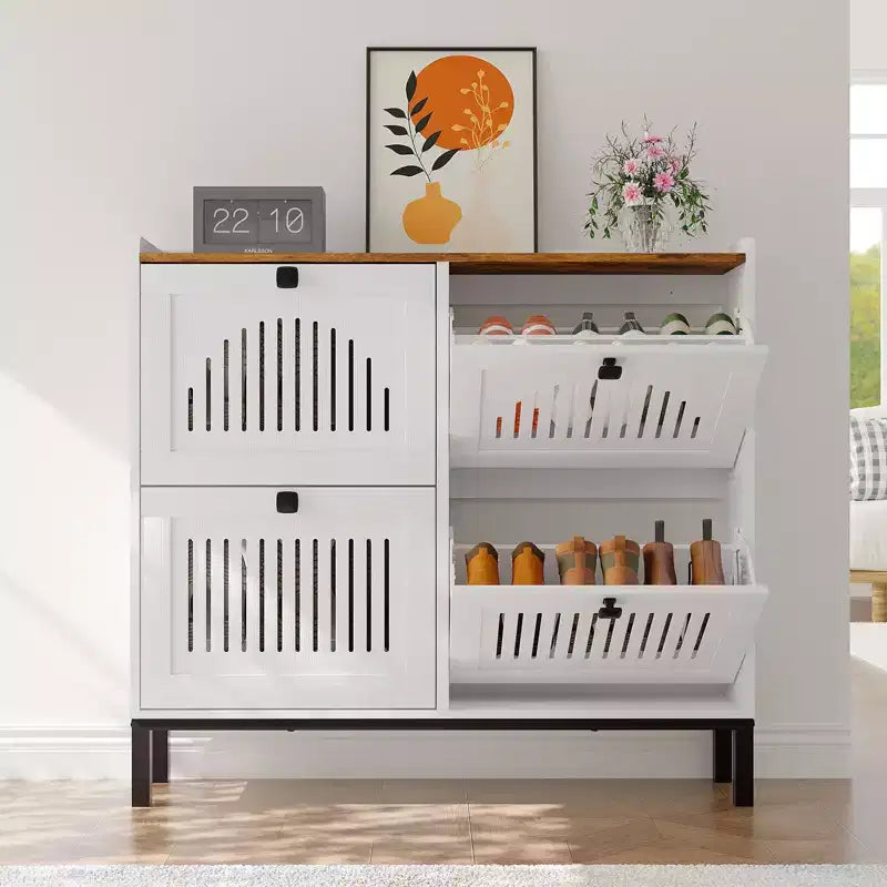 Meuble à chaussures 4 tiroirs basculants, meuble de rangement à chaussures fin et discret pour entrée et couloir