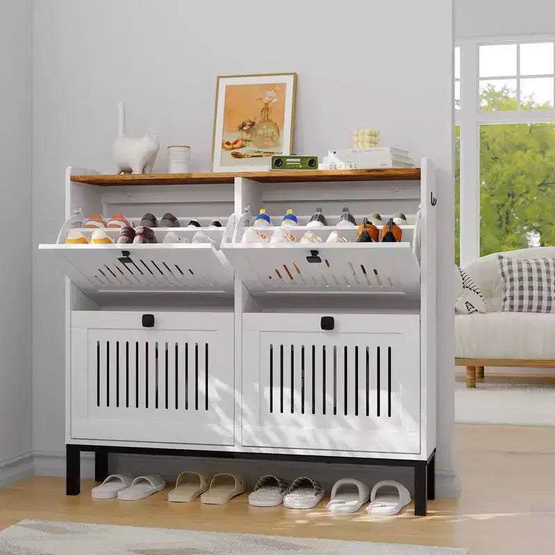 Meuble à chaussures 4 tiroirs basculants, meuble de rangement à chaussures fin et discret pour entrée et couloir