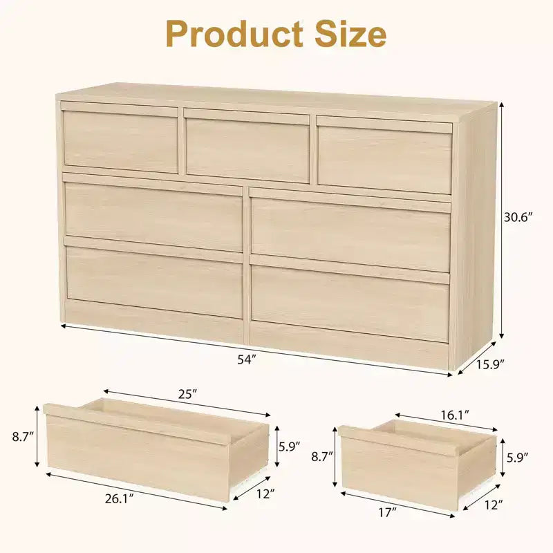 Commode à 7 tiroirs pour chambre à coucher - Commode en chêne naturel de 137 cm de large avec grand espace de rangement, Organiseur en bois pour salon, chambre d'enfant, entrée
