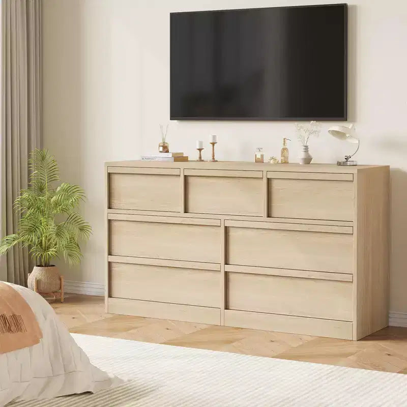 Commode à 7 tiroirs pour chambre à coucher - Commode en chêne naturel de 137 cm de large avec grand espace de rangement, Organiseur en bois pour salon, chambre d'enfant, entrée