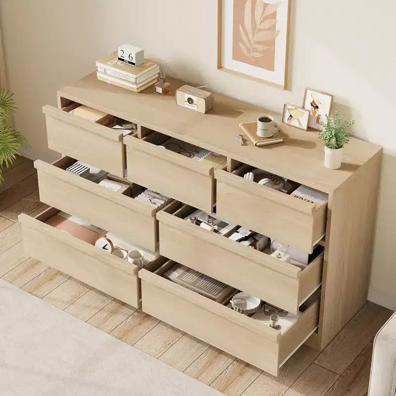 Commode à 7 tiroirs pour chambre à coucher - Commode en chêne naturel de 137 cm de large avec grand espace de rangement, Organiseur en bois pour salon, chambre d'enfant, entrée