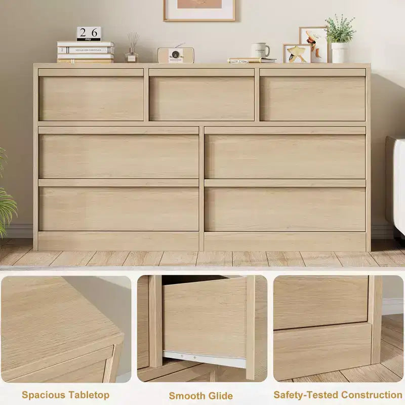 Commode à 7 tiroirs pour chambre à coucher - Commode en chêne naturel de 137 cm de large avec grand espace de rangement, Organiseur en bois pour salon, chambre d'enfant, entrée