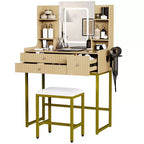 Coiffeuse cannelée avec miroir et lumières, petite table de maquillage avec prise de courant, 3 tiroirs et 4 étagères pour chambre à coucher