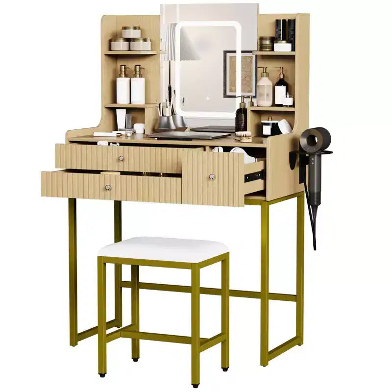Coiffeuse cannelée avec miroir et lumières, petite table de maquillage avec prise de courant, 3 tiroirs et 4 étagères pour chambre à coucher