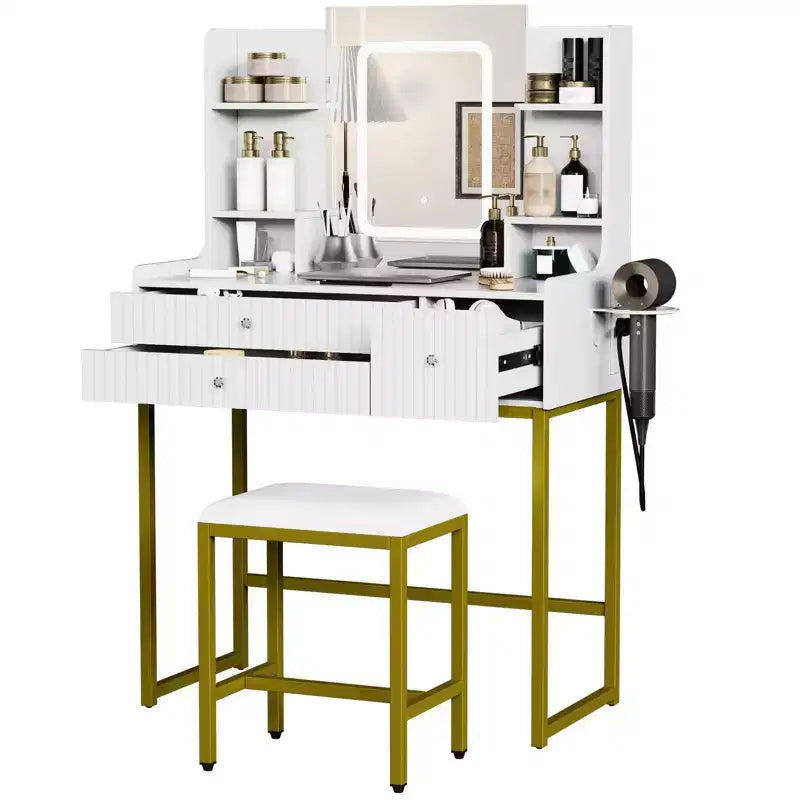 Coiffeuse cannelée avec miroir et lumières, petite table de maquillage avec prise de courant, 3 tiroirs et 4 étagères pour chambre à coucher