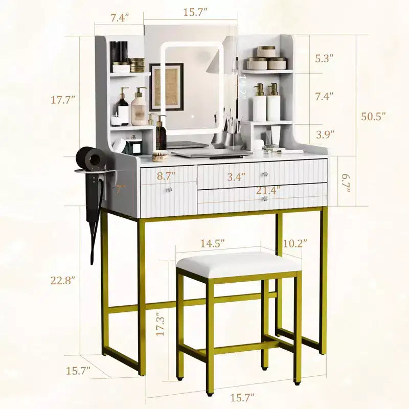 Coiffeuse cannelée avec miroir et lumières, petite table de maquillage avec prise de courant, 3 tiroirs et 4 étagères pour chambre à coucher