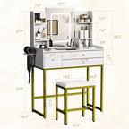 Coiffeuse cannelée avec miroir et lumières, petite table de maquillage avec prise de courant, 3 tiroirs et 4 étagères pour chambre à coucher
