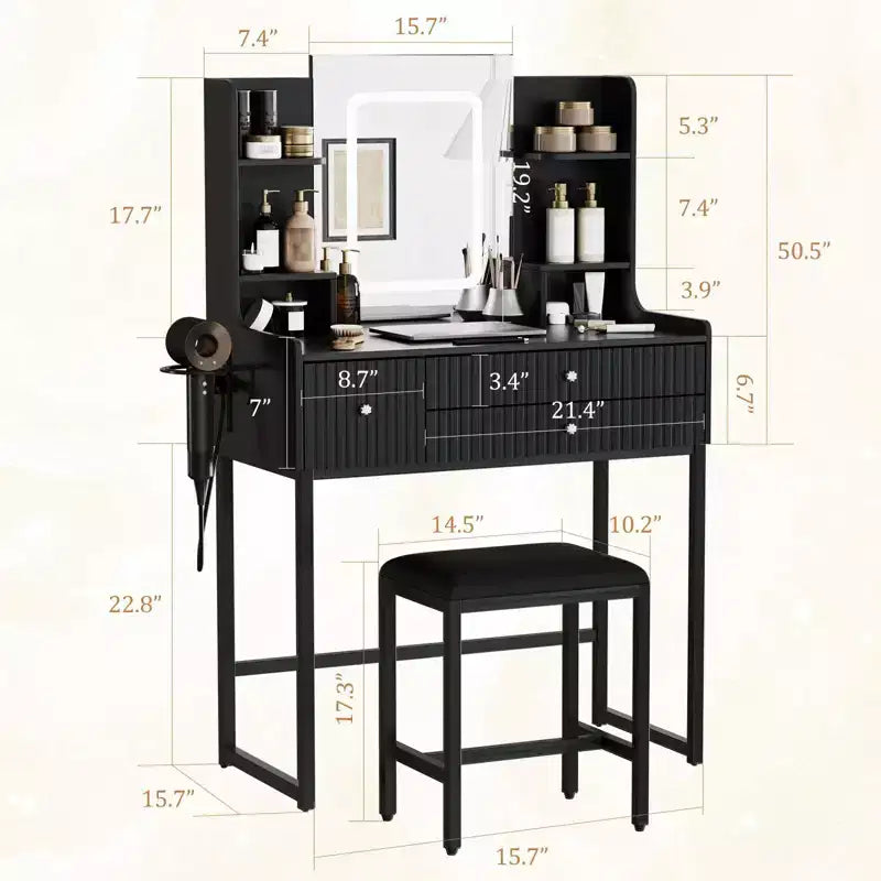 Coiffeuse cannelée avec miroir et lumières, petite table de maquillage avec prise de courant, 3 tiroirs et 4 étagères pour chambre à coucher