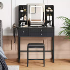 Coiffeuse cannelée avec miroir et lumières, petite table de maquillage avec prise de courant, 3 tiroirs et 4 étagères pour chambre à coucher