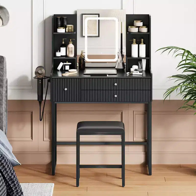 Coiffeuse cannelée avec miroir et lumières, petite table de maquillage avec prise de courant, 3 tiroirs et 4 étagères pour chambre à coucher