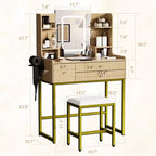 Coiffeuse cannelée avec miroir et lumières, petite table de maquillage avec prise de courant, 3 tiroirs et 4 étagères pour chambre à coucher