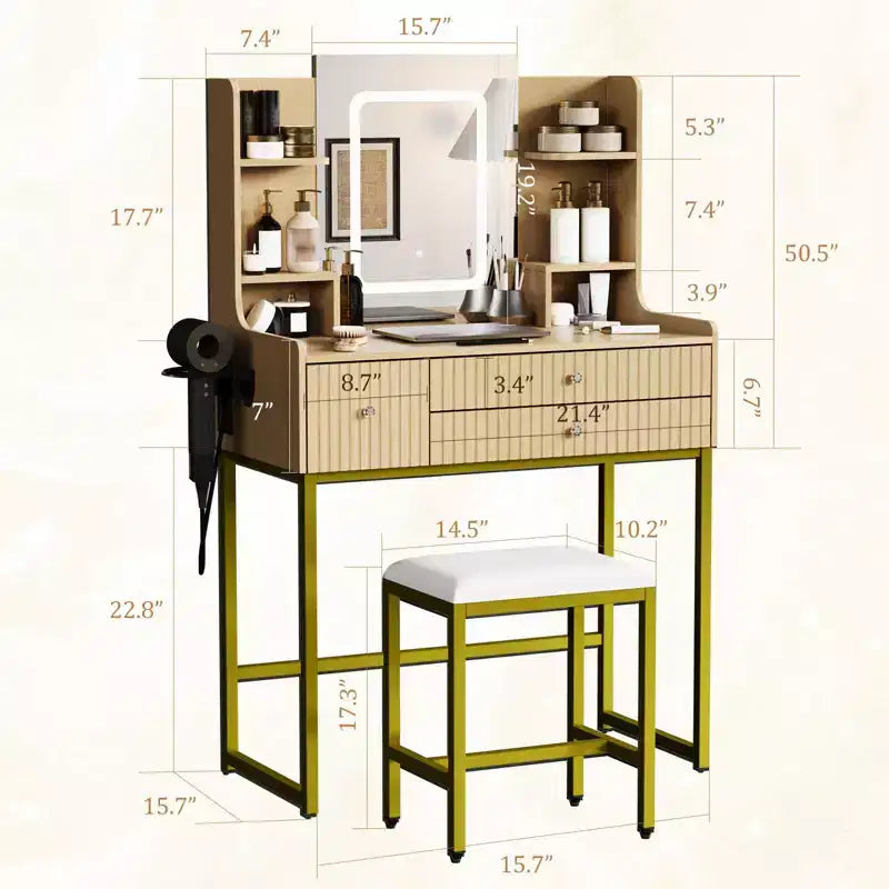 Coiffeuse cannelée avec miroir et lumières, petite table de maquillage avec prise de courant, 3 tiroirs et 4 étagères pour chambre à coucher