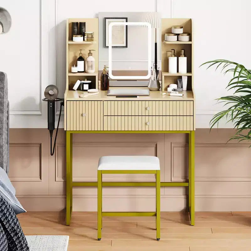 Coiffeuse cannelée avec miroir et lumières, petite table de maquillage avec prise de courant, 3 tiroirs et 4 étagères pour chambre à coucher