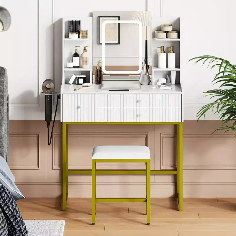 Coiffeuse cannelée avec miroir et lumières, petite table de maquillage avec prise de courant, 3 tiroirs et 4 étagères pour chambre à coucher