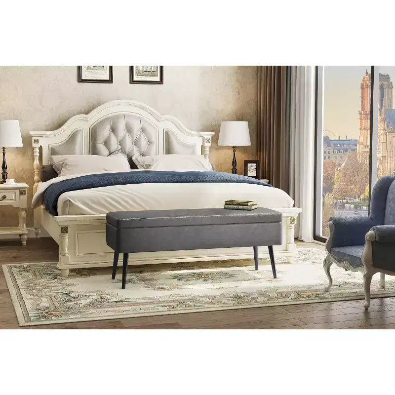 Banc ottoman de style moderne du milieu du siècle avec rangement, banc à chaussures rembourré en similicuir, siège rectangulaire pour le bout du lit ou l'entrée, doubles charnières de sécurité
