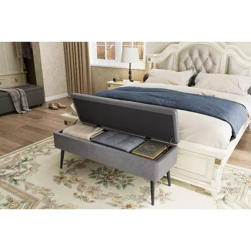Banc ottoman de style moderne du milieu du siècle avec rangement, banc à chaussures rembourré en similicuir, siège rectangulaire pour le bout du lit ou l'entrée, doubles charnières de sécurité