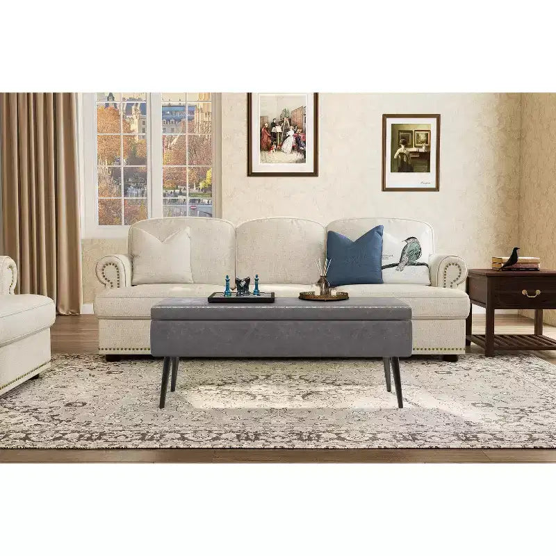 Banc ottoman de style moderne du milieu du siècle avec rangement, banc à chaussures rembourré en similicuir, siège rectangulaire pour le bout du lit ou l'entrée, doubles charnières de sécurité