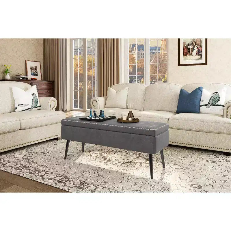 Banc ottoman de style moderne du milieu du siècle avec rangement, banc à chaussures rembourré en similicuir, siège rectangulaire pour le bout du lit ou l'entrée, doubles charnières de sécurité