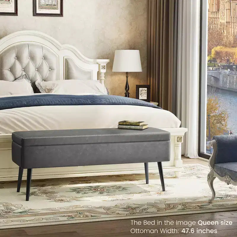 Banc ottoman de style moderne du milieu du siècle avec rangement, banc à chaussures rembourré en similicuir, siège rectangulaire pour le bout du lit ou l'entrée, doubles charnières de sécurité