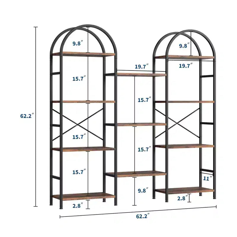 Étagère arquée à 4 niveaux, grande bibliothèque ouverte à 11 étagères avec étagères en bois pour salon et chambre