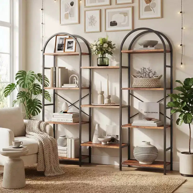 Étagère arquée à 4 niveaux, grande bibliothèque ouverte à 11 étagères avec étagères en bois pour salon et chambre