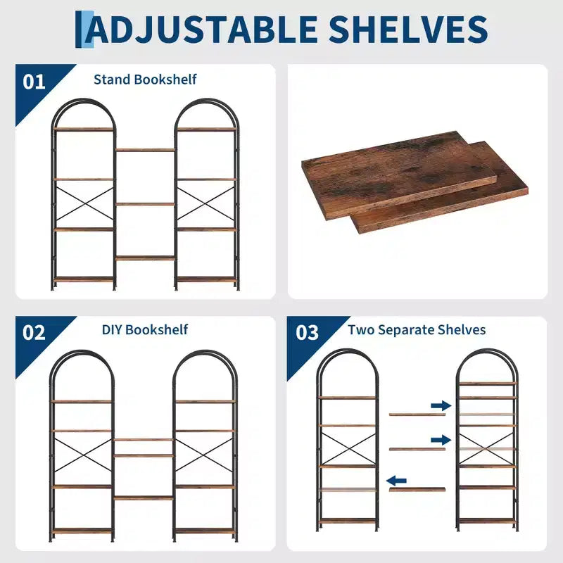 Étagère arquée à 4 niveaux, grande bibliothèque ouverte à 11 étagères avec étagères en bois pour salon et chambre