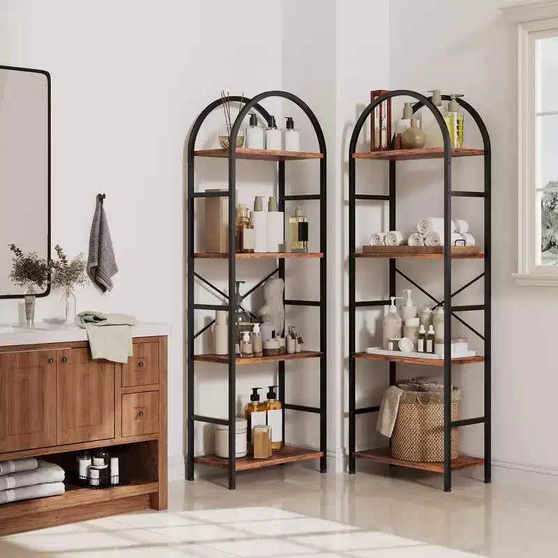 Étagère arquée à 4 niveaux, grande bibliothèque ouverte à 11 étagères avec étagères en bois pour salon et chambre