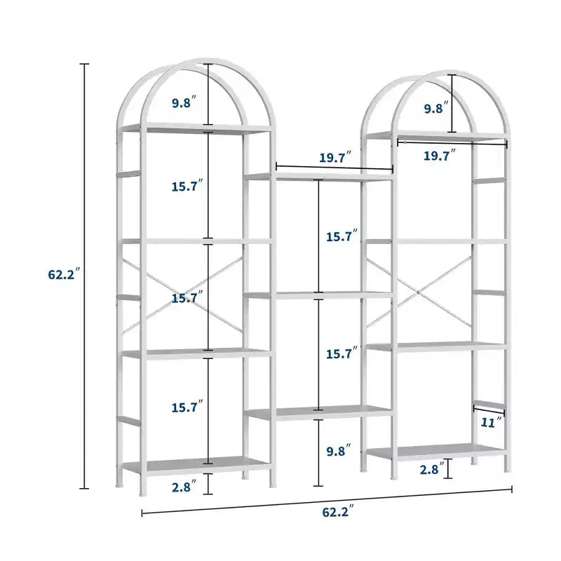 Étagère arquée à 4 niveaux, grande bibliothèque ouverte à 11 étagères avec étagères en bois pour salon et chambre