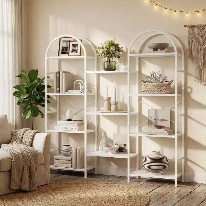 Étagère arquée à 4 niveaux, grande bibliothèque ouverte à 11 étagères avec étagères en bois pour salon et chambre