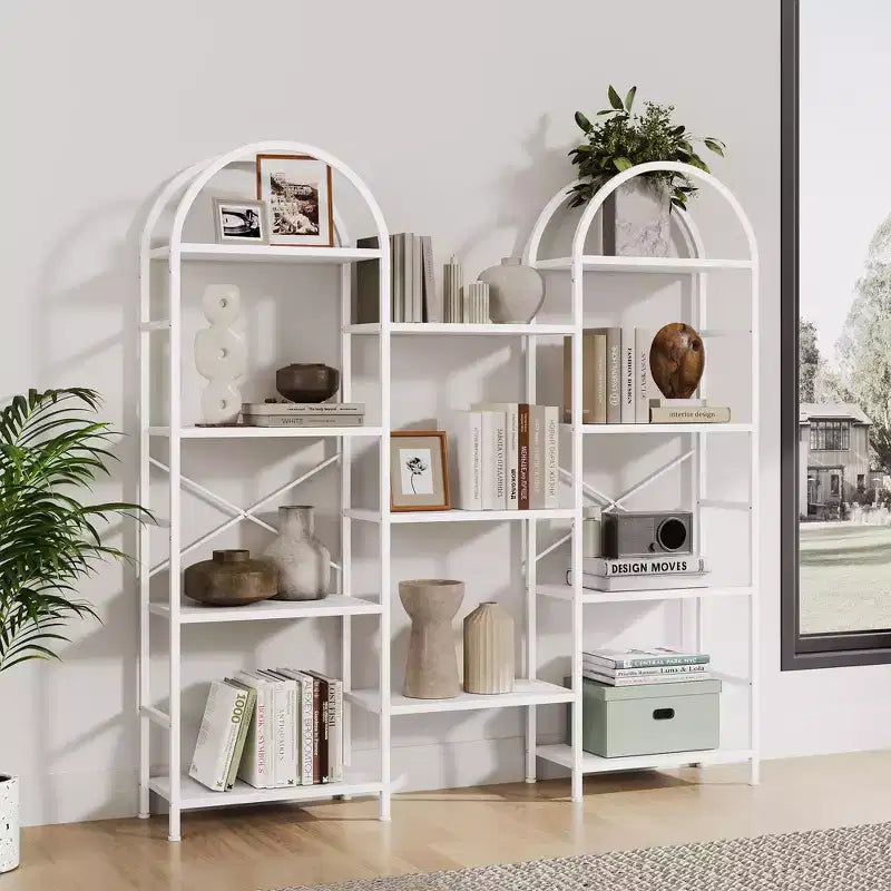 Étagère arquée à 4 niveaux, grande bibliothèque ouverte à 11 étagères avec étagères en bois pour salon et chambre