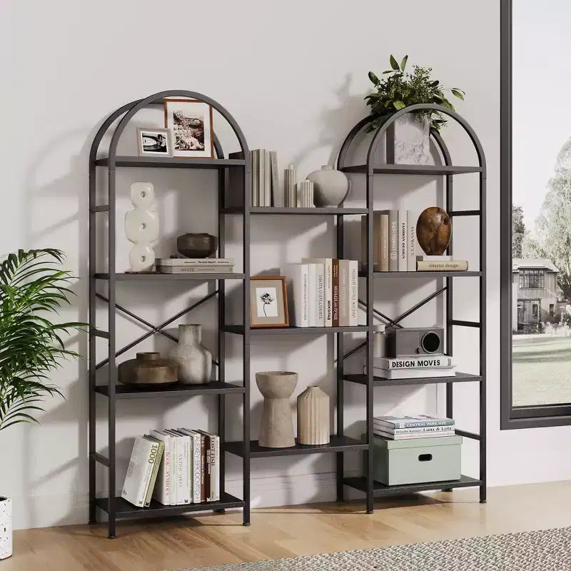Étagère arquée à 4 niveaux, grande bibliothèque ouverte à 11 étagères avec étagères en bois pour salon et chambre