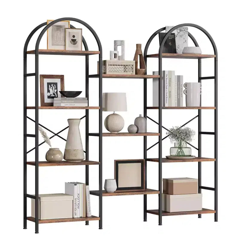 Étagère arquée à 4 niveaux, grande bibliothèque ouverte à 11 étagères avec étagères en bois pour salon et chambre