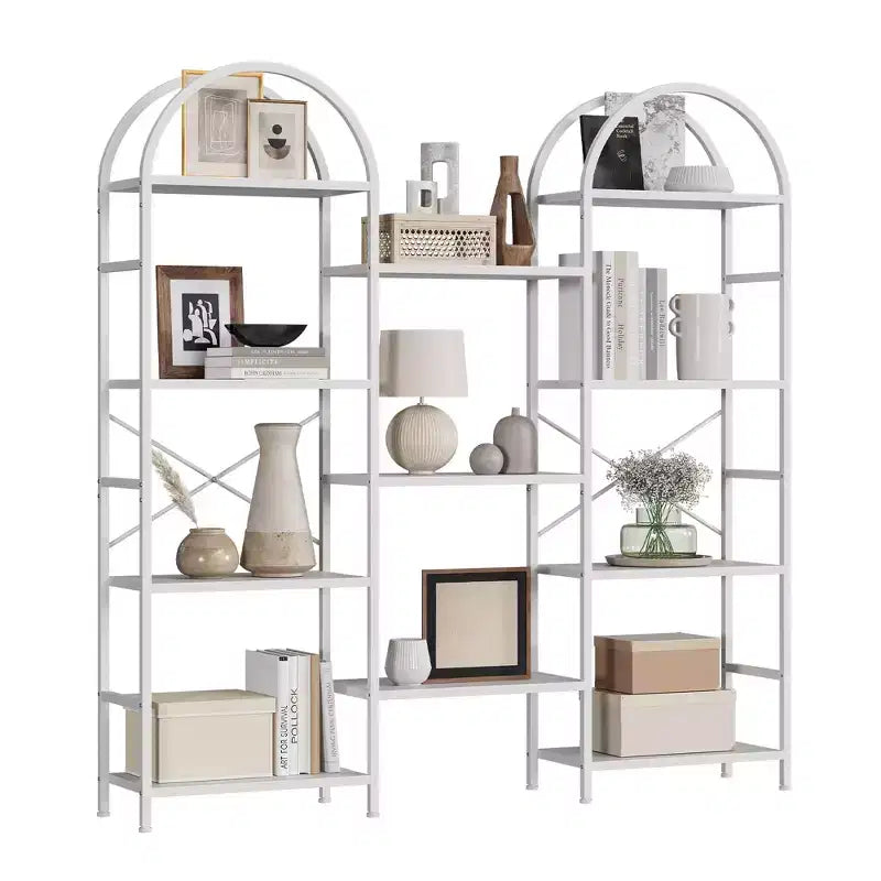 Étagère arquée à 4 niveaux, grande bibliothèque ouverte à 11 étagères avec étagères en bois pour salon et chambre